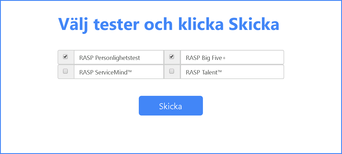 RASP Personlighetstest - Välj tester och klicka Skicka